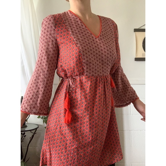 Boden Red Floral Print Tunic Dress Tassel Pom Pom - Picture 3 of 13